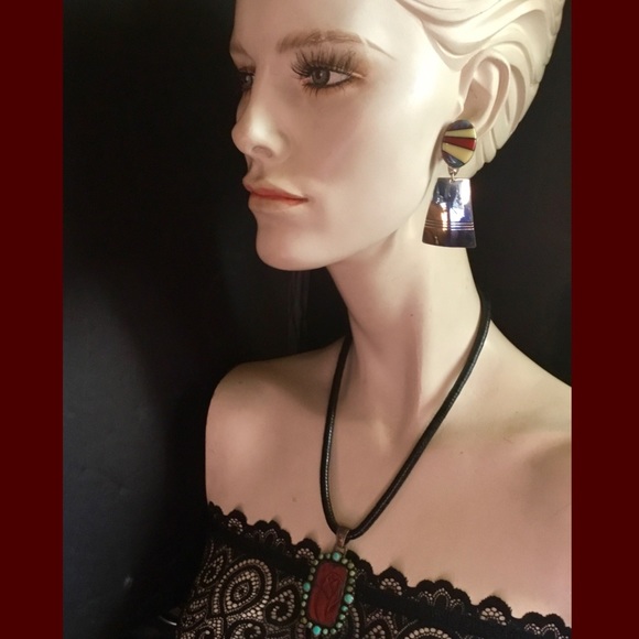 NATIVE AMERICAN TURQUOISE FM STERLING SILVER LARGE STATEMENT EARRINGS - Picture 6 of 8